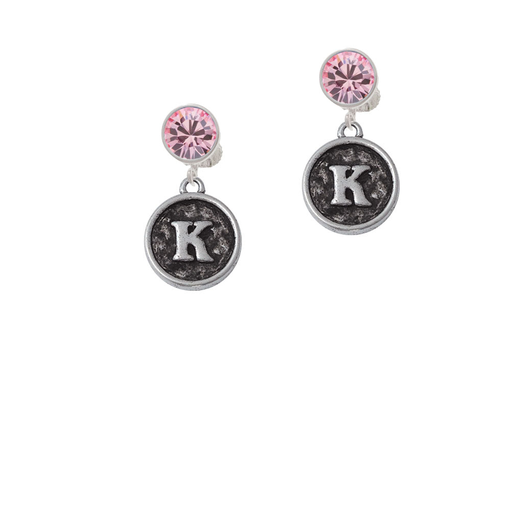 Antiqued Round Seal - Initial - K - Crystal Clip On Earrings Image 4