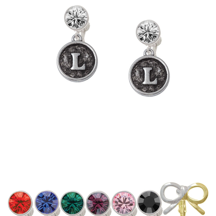 Antiqued Round Seal - Initial - L - Crystal Clip On Earrings Image 1