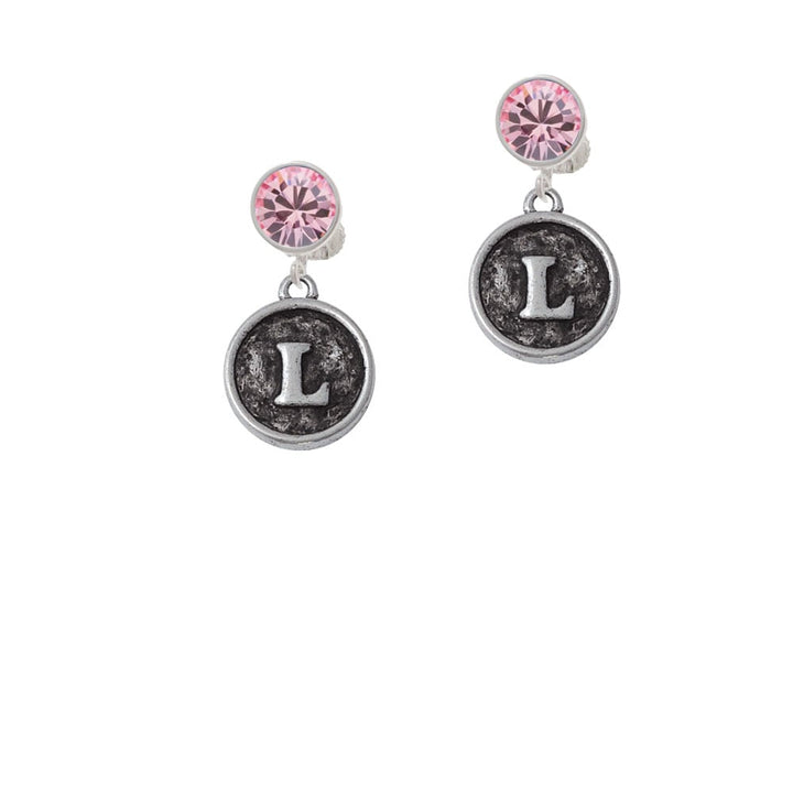 Antiqued Round Seal - Initial - L - Crystal Clip On Earrings Image 1