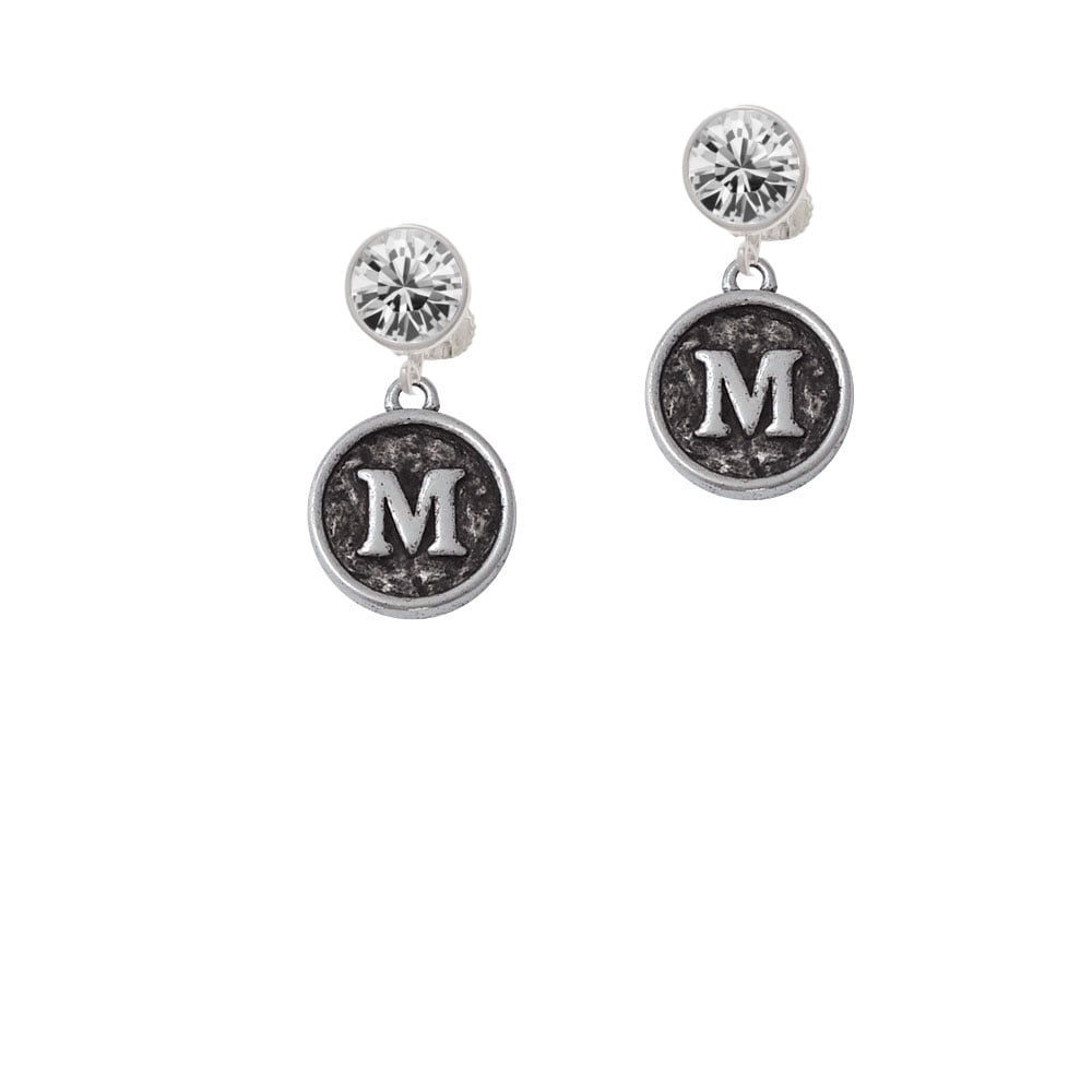 Antiqued Round Seal - Initial - M - Crystal Clip On Earrings Image 1