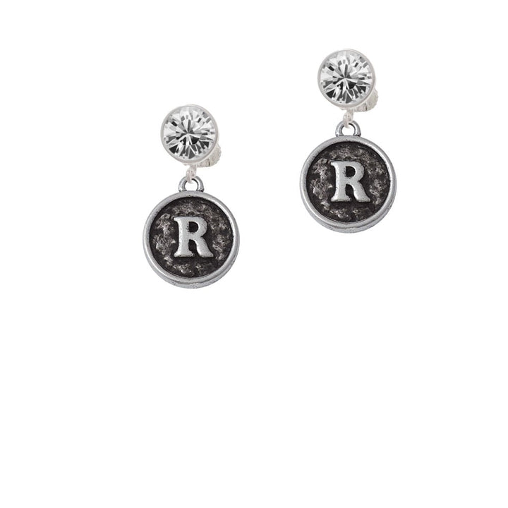 Antiqued Round Seal - Initial - R - Crystal Clip On Earrings Image 1