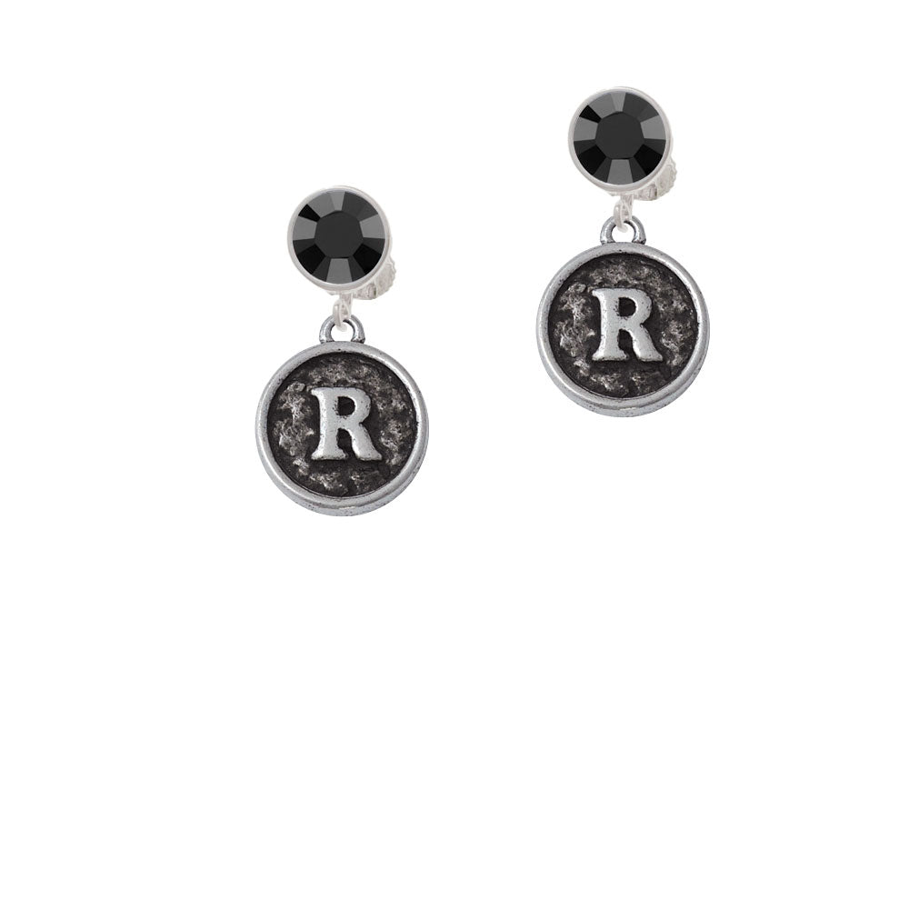 Antiqued Round Seal - Initial - R - Crystal Clip On Earrings Image 3