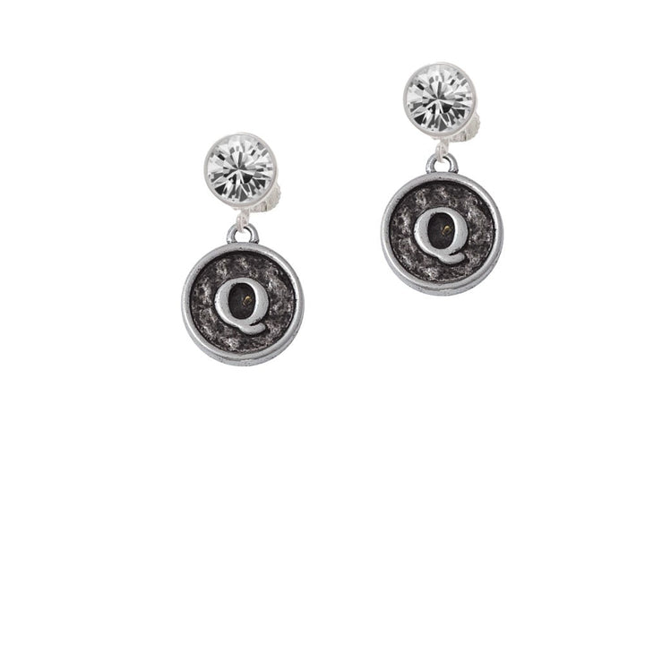 Antiqued Round Seal - Initial - Q - Crystal Clip On Earrings Image 1