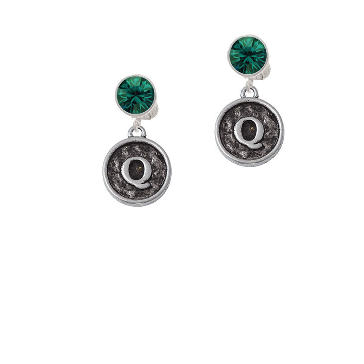 Antiqued Round Seal - Initial - Q - Crystal Clip On Earrings Image 6