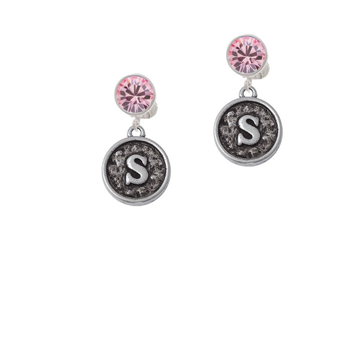 Antiqued Round Seal - Initial - S - Crystal Clip On Earrings Image 4