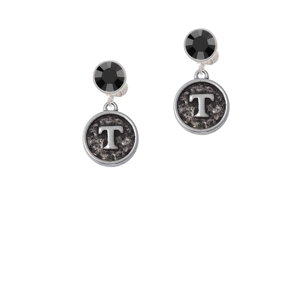 Antiqued Round Seal - Initial - T - Crystal Clip On Earrings Image 3