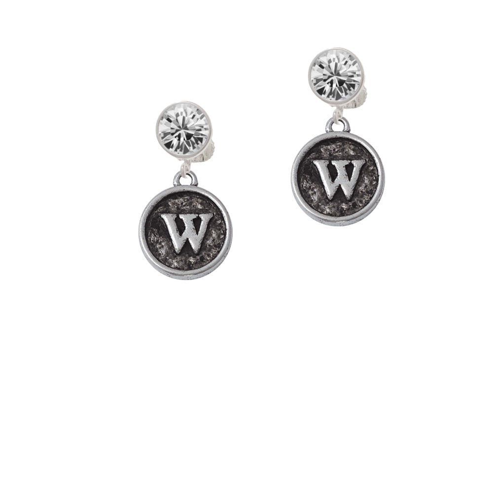 Antiqued Round Seal - Initial - W - Crystal Clip On Earrings Image 1