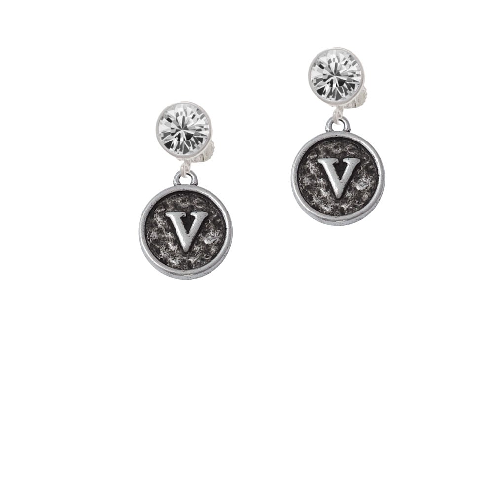 Antiqued Round Seal - Initial - V - Crystal Clip On Earrings Image 1