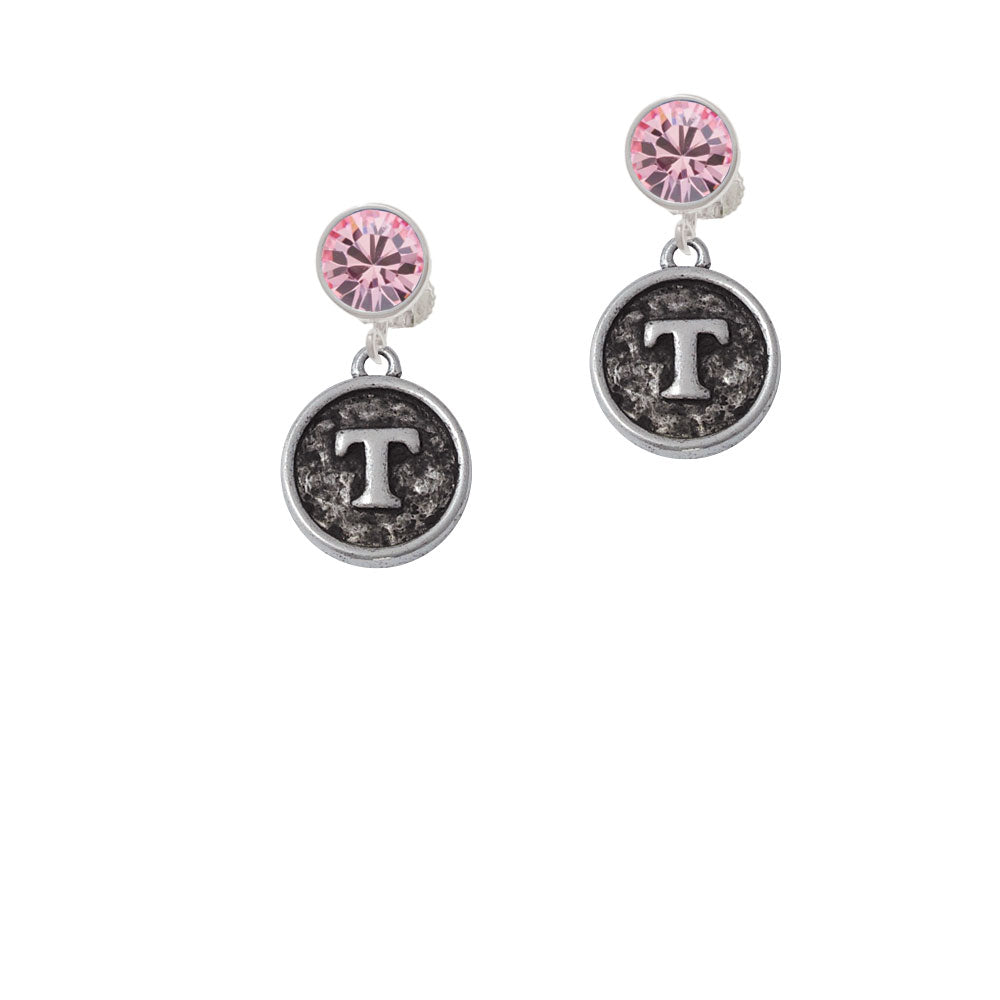 Antiqued Round Seal - Initial - T - Crystal Clip On Earrings Image 4