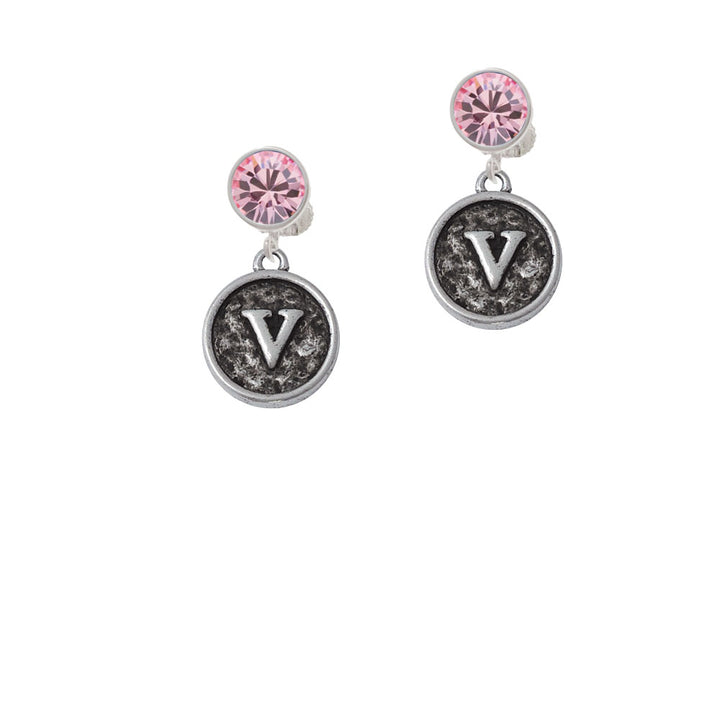 Antiqued Round Seal - Initial - V - Crystal Clip On Earrings Image 4