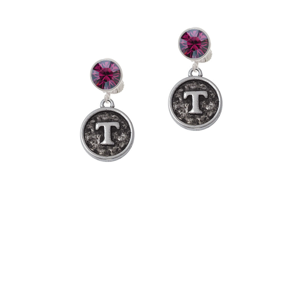 Antiqued Round Seal - Initial - T - Crystal Clip On Earrings Image 8