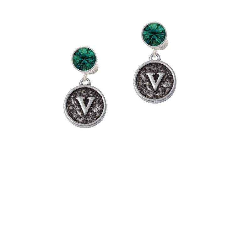 Antiqued Round Seal - Initial - V - Crystal Clip On Earrings Image 6