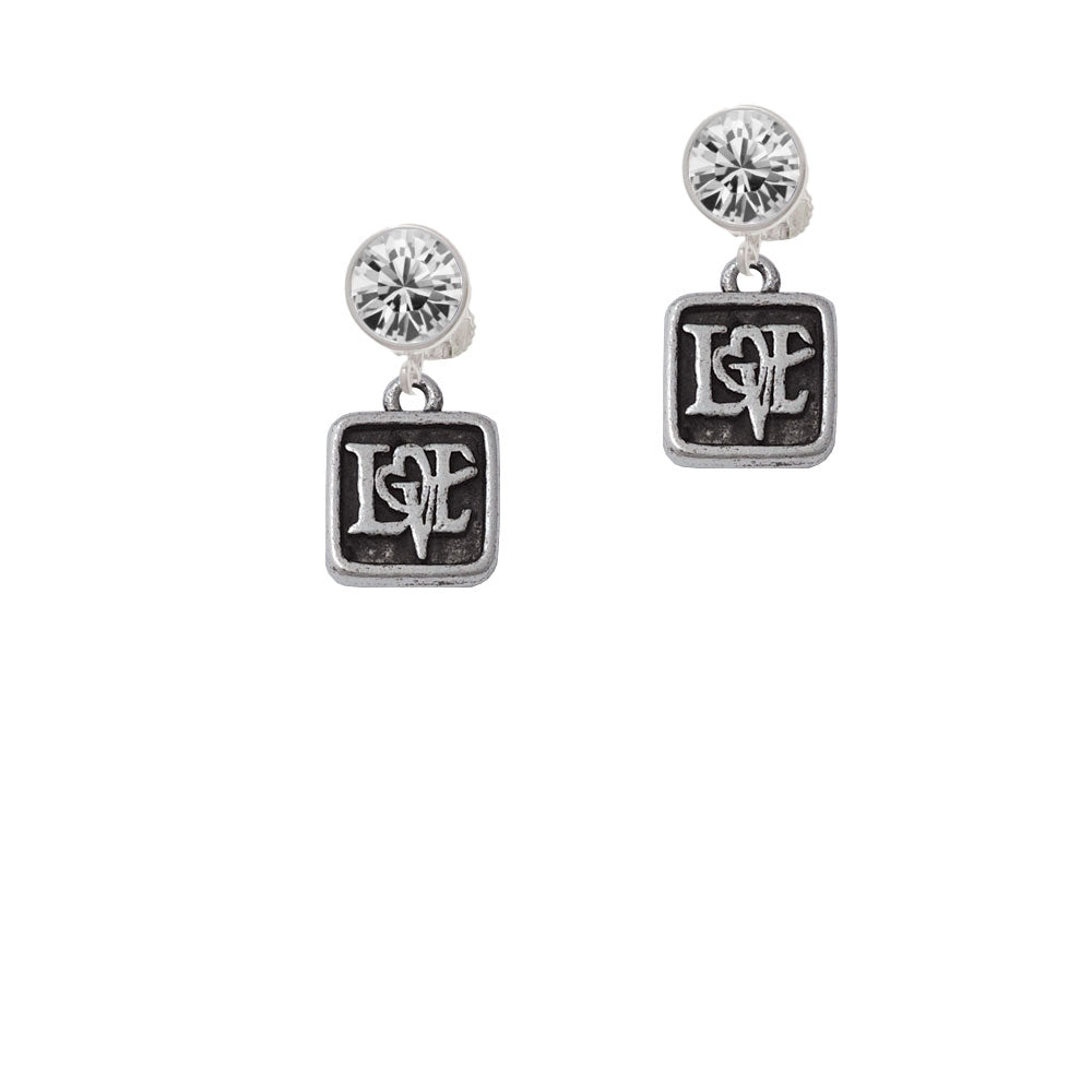 Antiqued Square Seal - Love with Heart Crystal Clip On Earrings Image 2