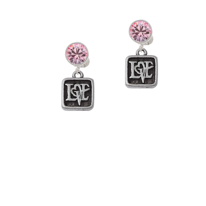 Antiqued Square Seal - Love with Heart Crystal Clip On Earrings Image 4