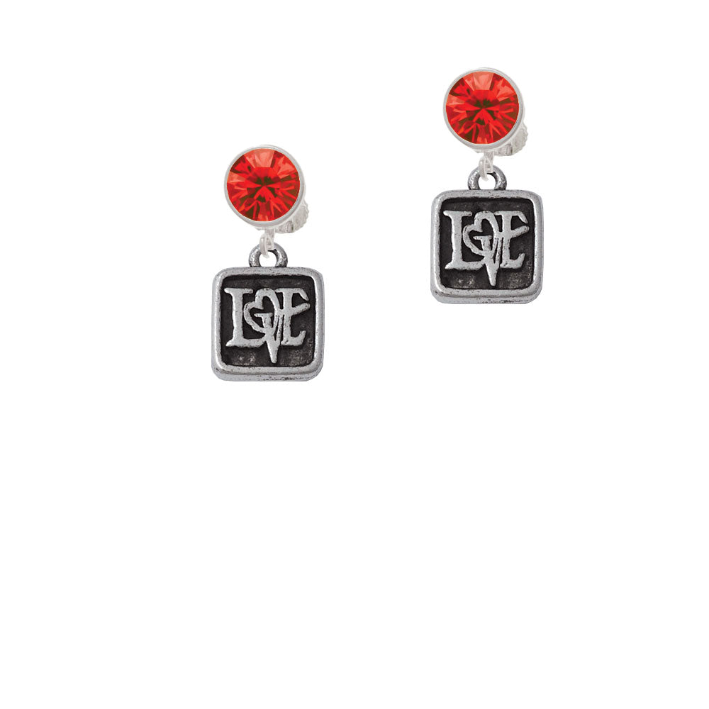 Antiqued Square Seal - Love with Heart Crystal Clip On Earrings Image 4