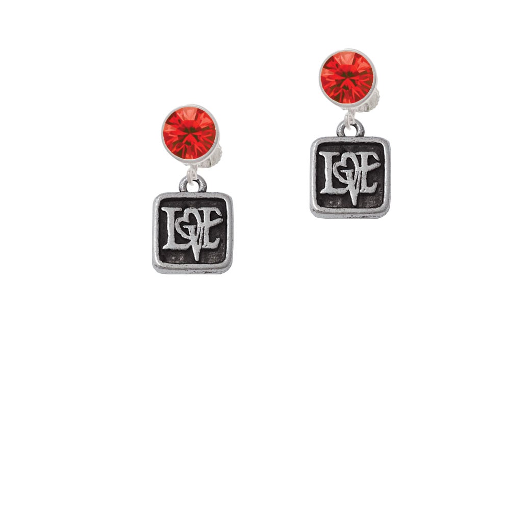 Antiqued Square Seal - Love with Heart Crystal Clip On Earrings Image 1