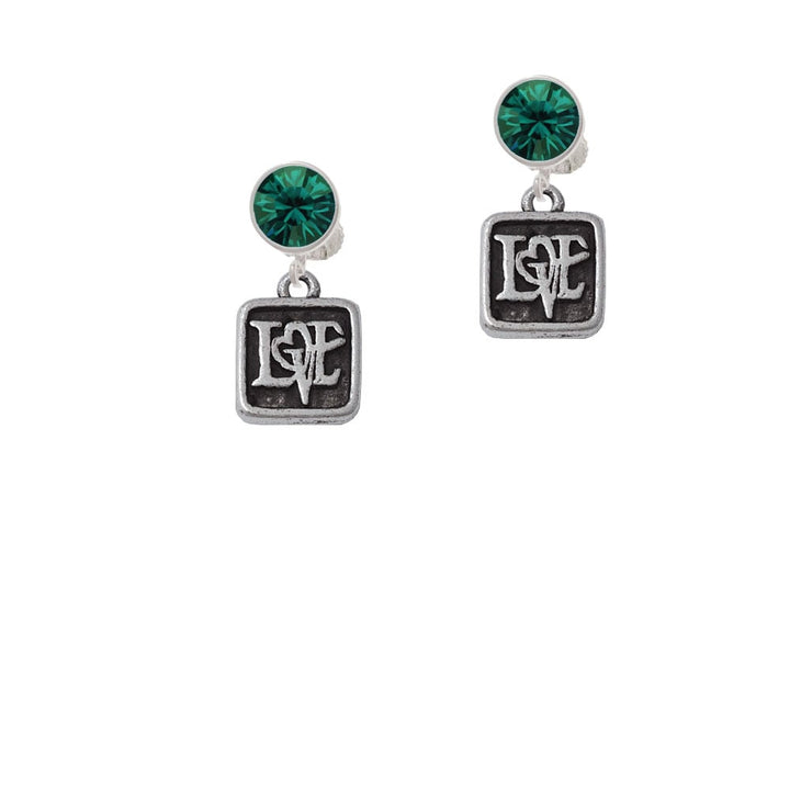 Antiqued Square Seal - Love with Heart Crystal Clip On Earrings Image 6