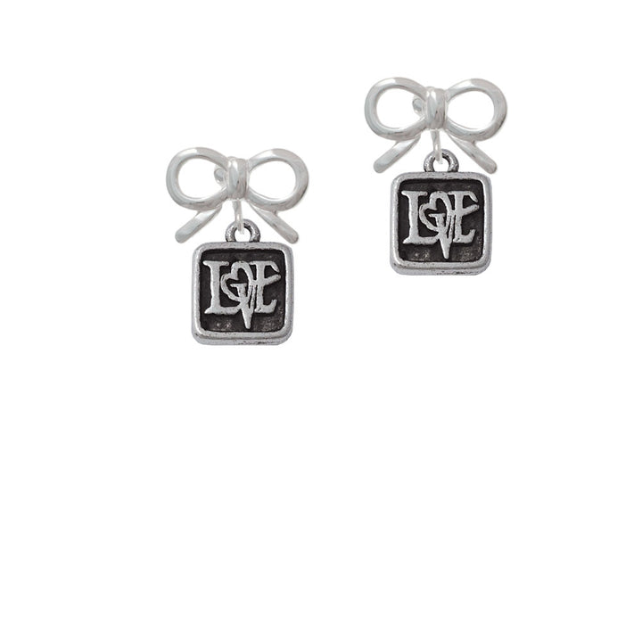 Antiqued Square Seal - Love with Heart Crystal Clip On Earrings Image 9