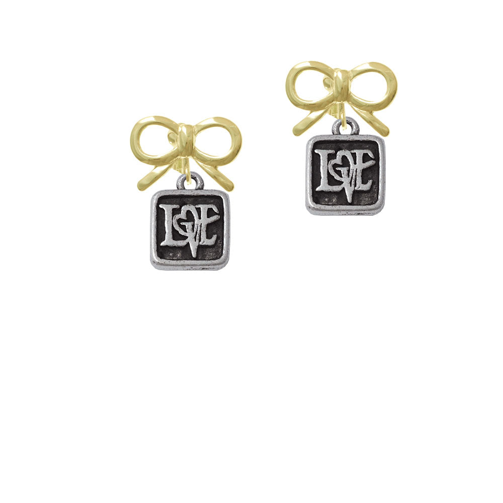 Antiqued Square Seal - Love with Heart Crystal Clip On Earrings Image 10