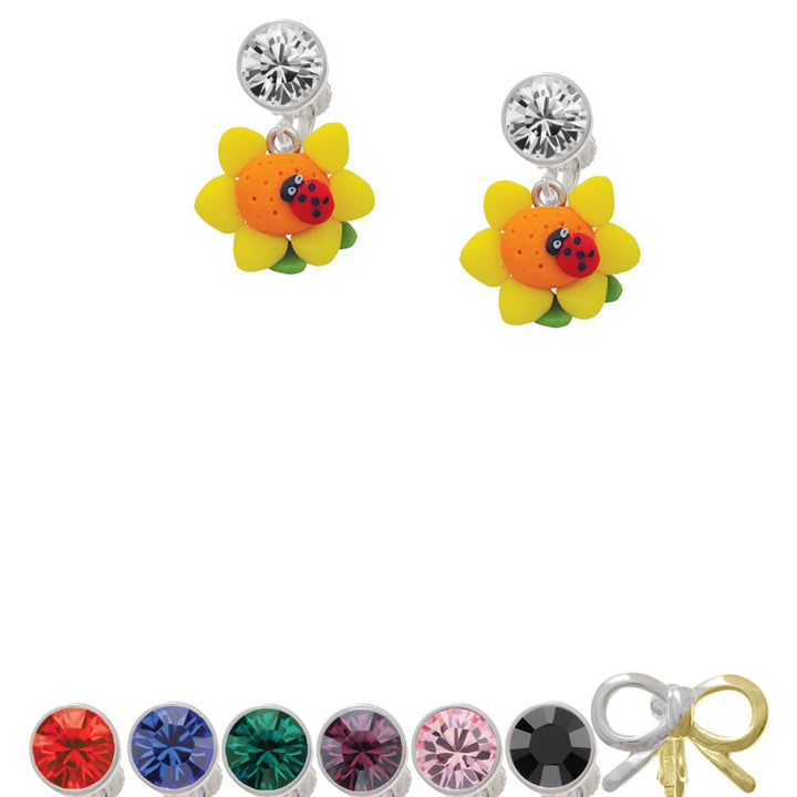 Fimo Clay Sunflower with Ladybug Crystal Clip On Earrings Image 1