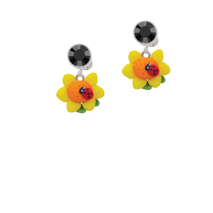 Fimo Clay Sunflower with Ladybug Crystal Clip On Earrings Image 3