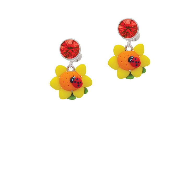 Fimo Clay Sunflower with Ladybug Crystal Clip On Earrings Image 4