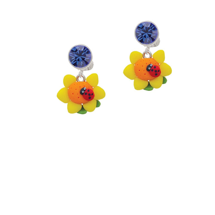 Fimo Clay Sunflower with Ladybug Crystal Clip On Earrings Image 7