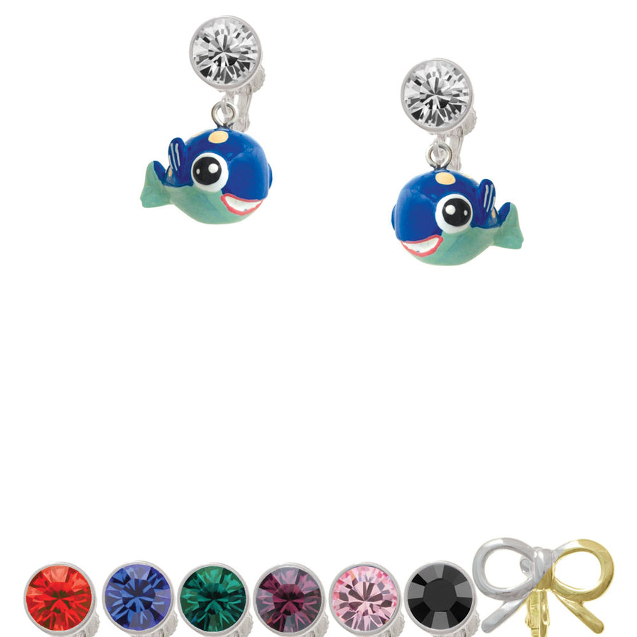 Resin Blue Fish with Pink Polka Dots Crystal Clip On Earrings Image 1