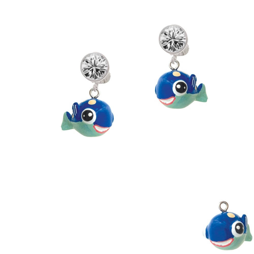 Resin Blue Fish with Pink Polka Dots Crystal Clip On Earrings Image 1