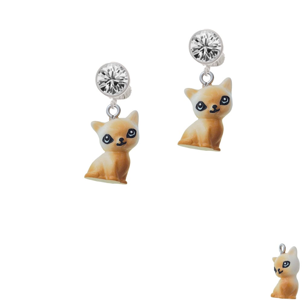 Resin Siamese Cat Crystal Clip On Earrings Image 1