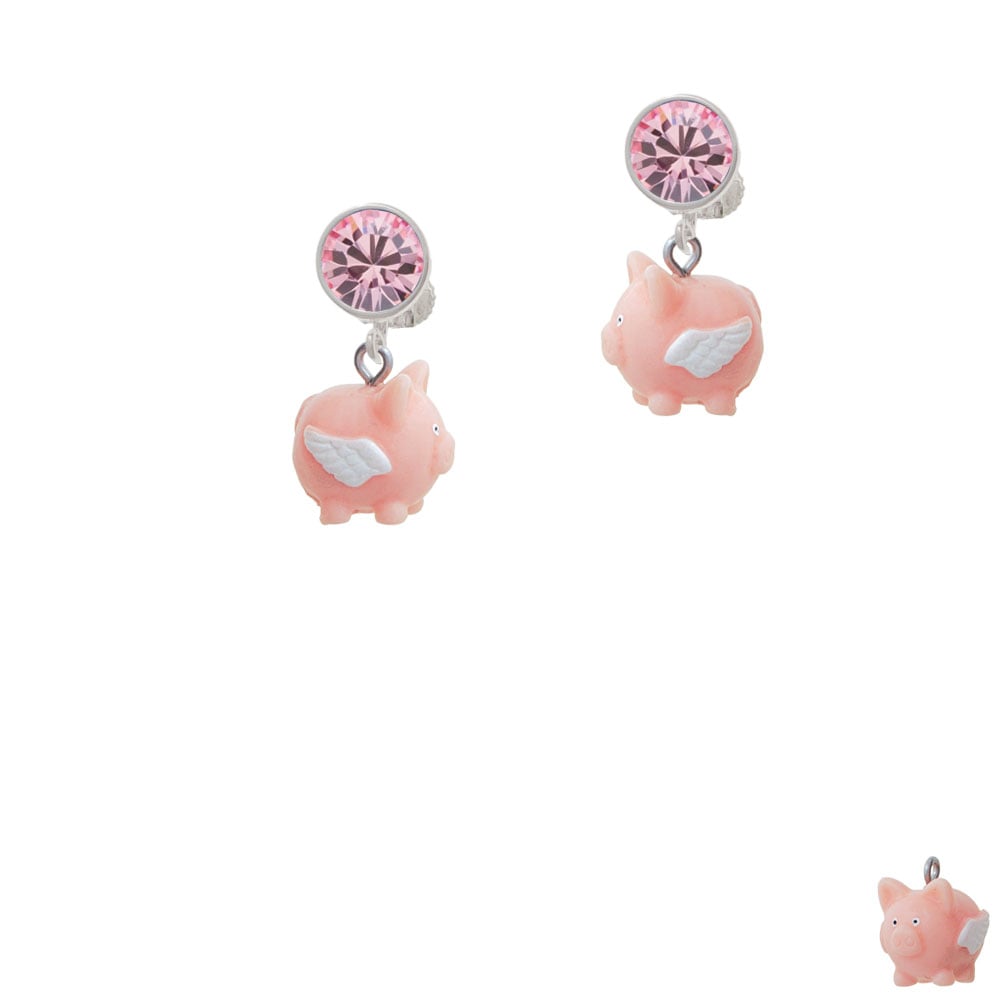 Resin Flying Pink Pig Crystal Clip On Earrings Image 1