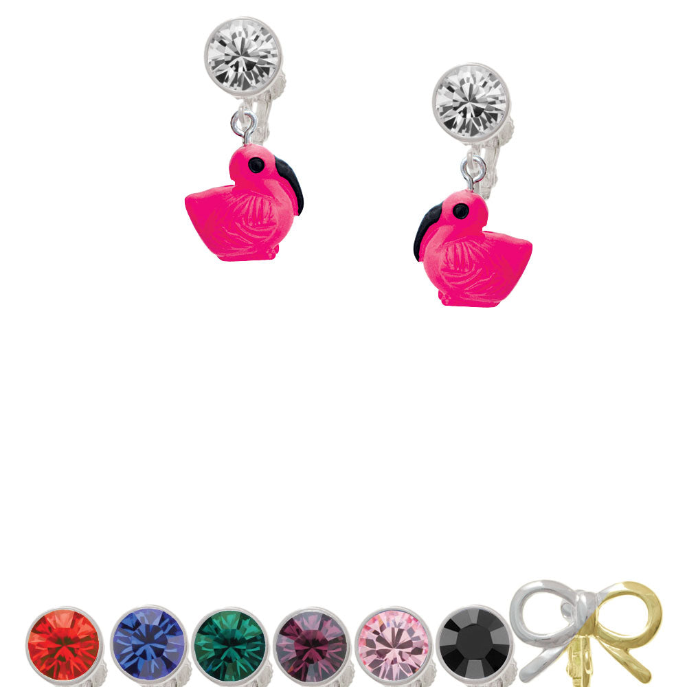 Resin Hot Pink Flamingo Crystal Clip On Earrings Image 1