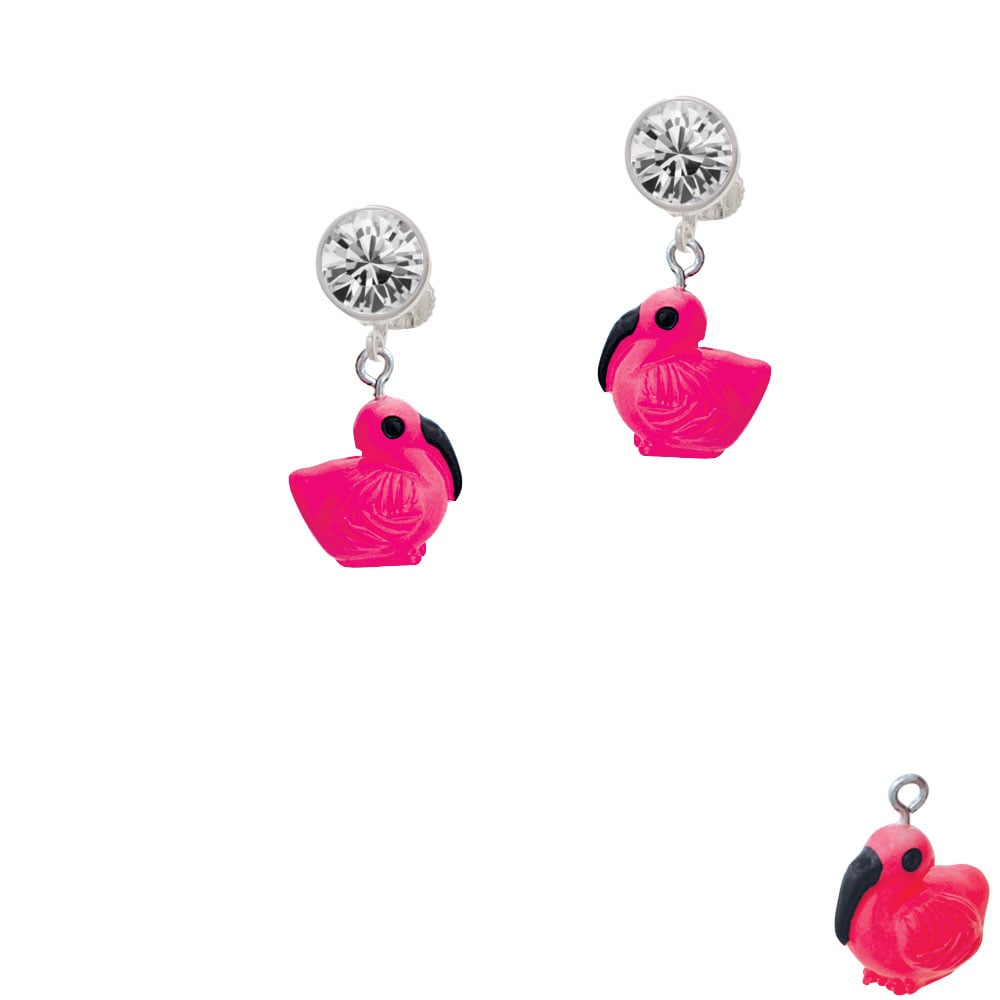 Resin Hot Pink Flamingo Crystal Clip On Earrings Image 1