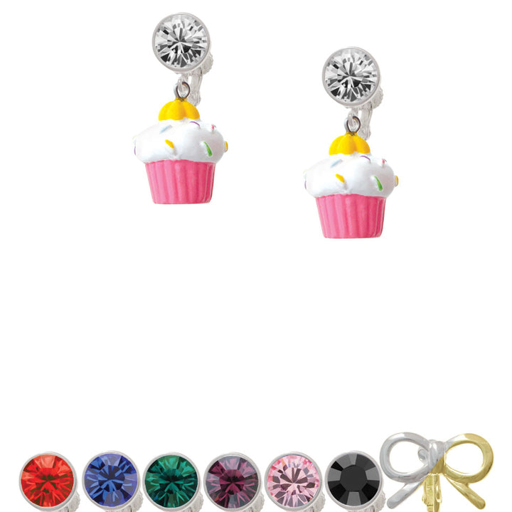 Resin Pink Cupcake with White Frosting Crystal Clip On Earrings Image 1