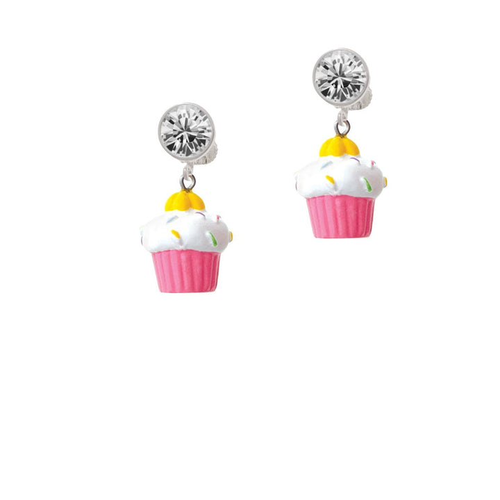 Resin Pink Cupcake with White Frosting Crystal Clip On Earrings Image 1