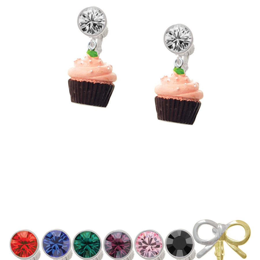 Resin Brown Cupcake with Pink Frosting Crystal Clip On Earrings Image 1