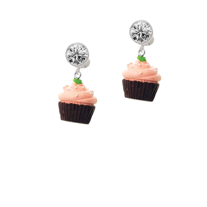 Resin Brown Cupcake with Pink Frosting Crystal Clip On Earrings Image 2