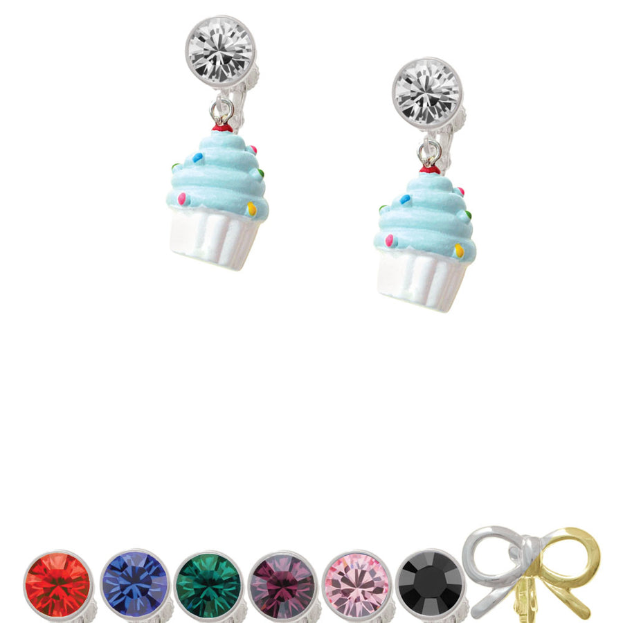 Resin White Cupcake with Blue Frosting Crystal Clip On Earrings Image 1