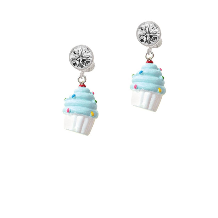 Resin White Cupcake with Blue Frosting Crystal Clip On Earrings Image 2