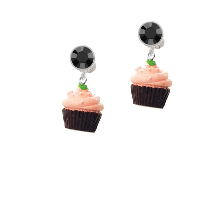 Resin Brown Cupcake with Pink Frosting Crystal Clip On Earrings Image 3