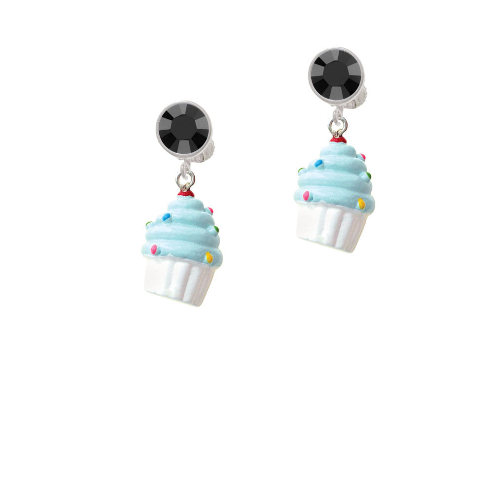 Resin White Cupcake with Blue Frosting Crystal Clip On Earrings Image 3