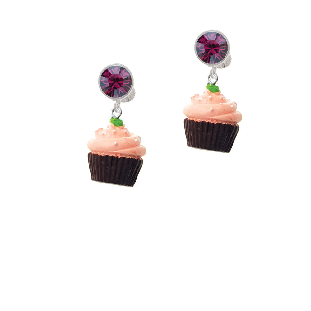 Resin Brown Cupcake with Pink Frosting Crystal Clip On Earrings Image 8