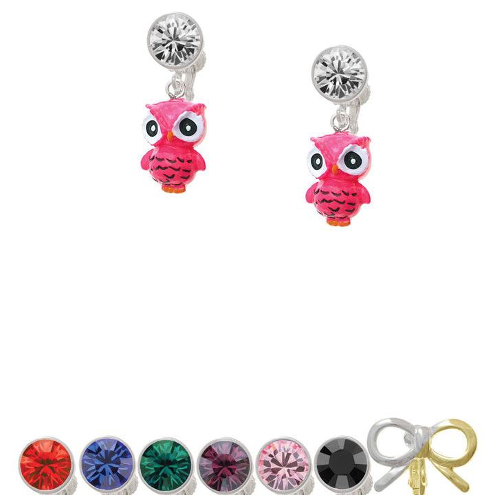 Resin Hot Pink Snow Owl Crystal Clip On Earrings Image 1