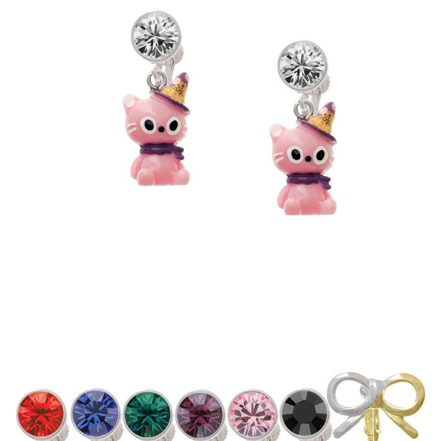 Resin Pink Birthday Kitty Cat Crystal Clip On Earrings Image 1