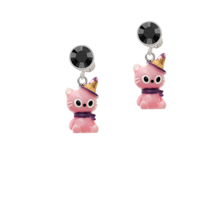 Resin Pink Birthday Kitty Cat Crystal Clip On Earrings Image 3