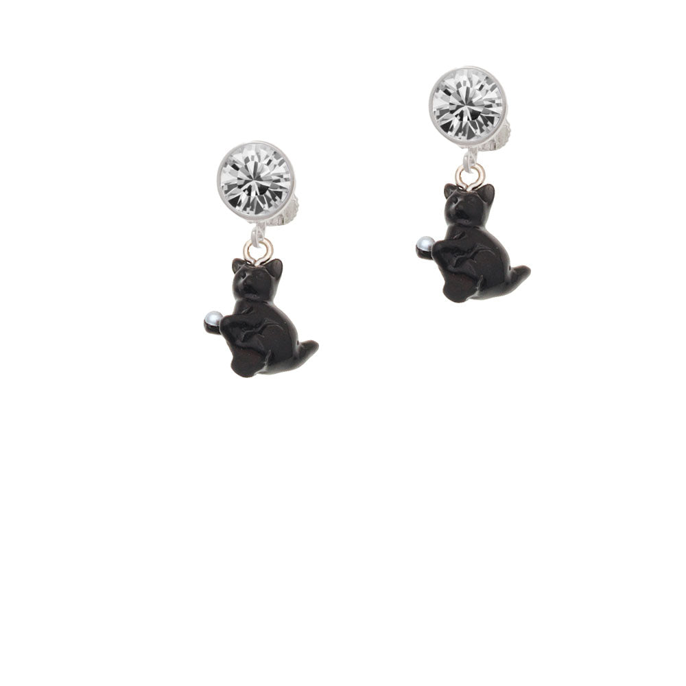 Resin Black Playing Cat Crystal Clip On Earrings Image 2