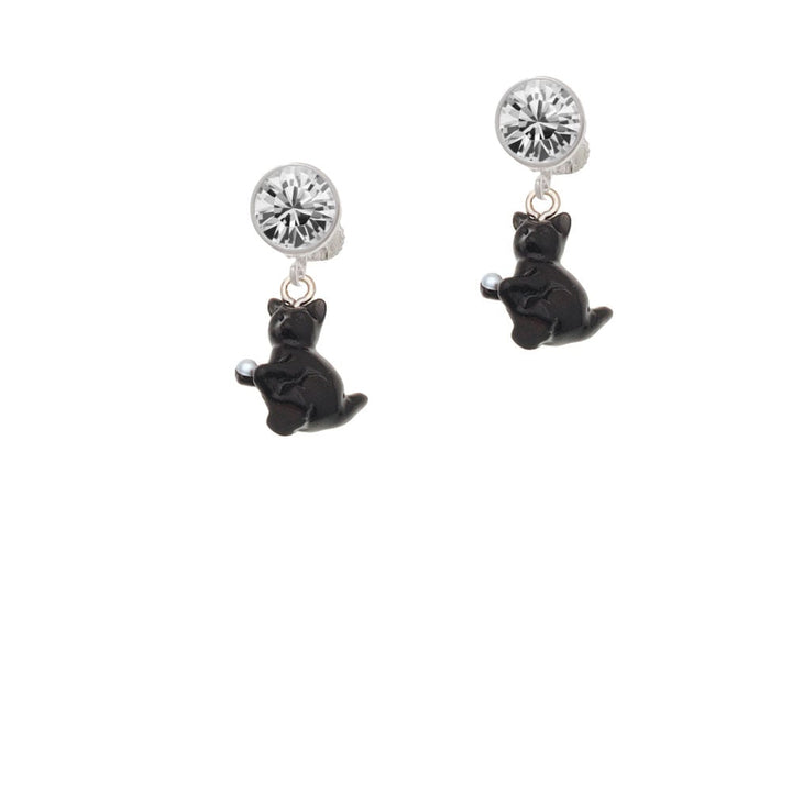 Resin Black Playing Cat Crystal Clip On Earrings Image 1