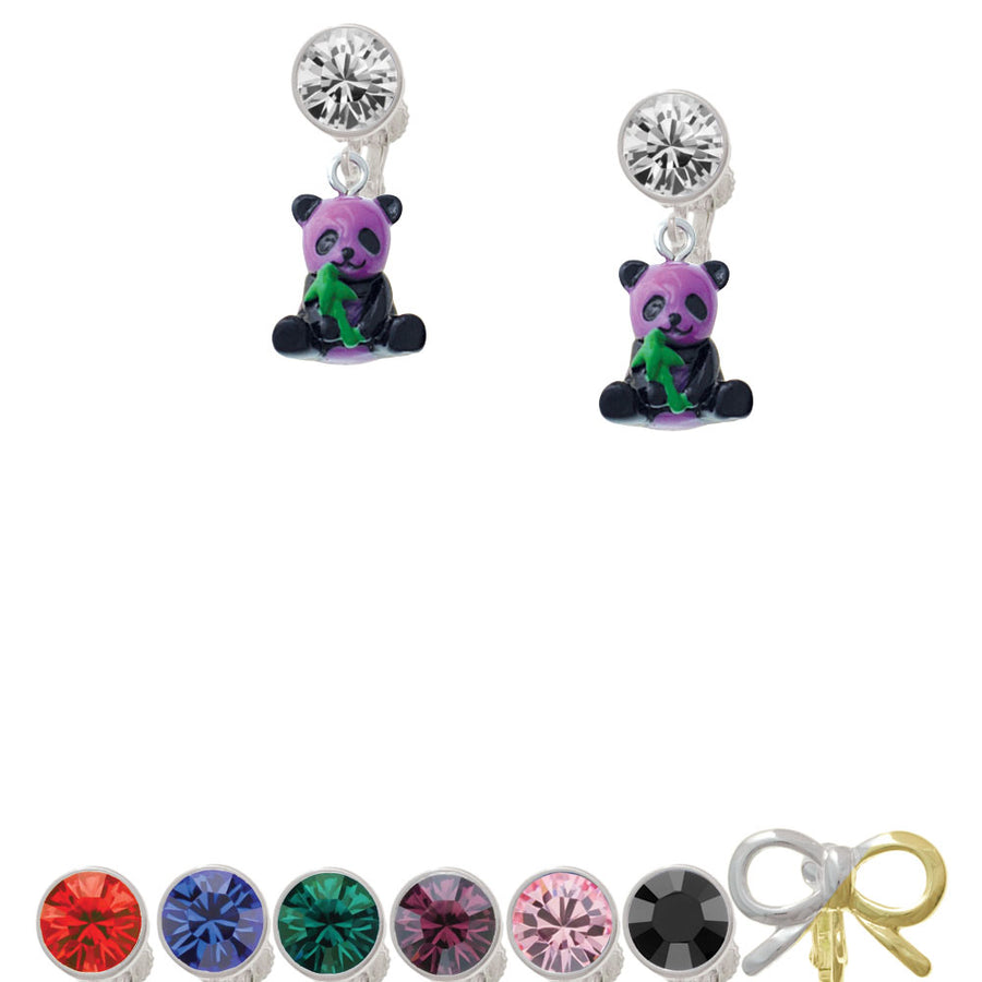 Resin Purple Panda Bear Crystal Clip On Earrings Image 1