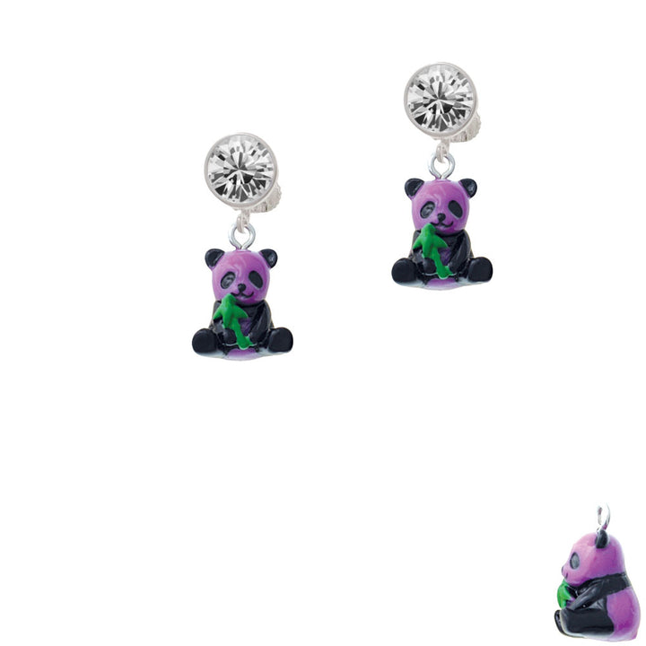 Resin Purple Panda Bear Crystal Clip On Earrings Image 2