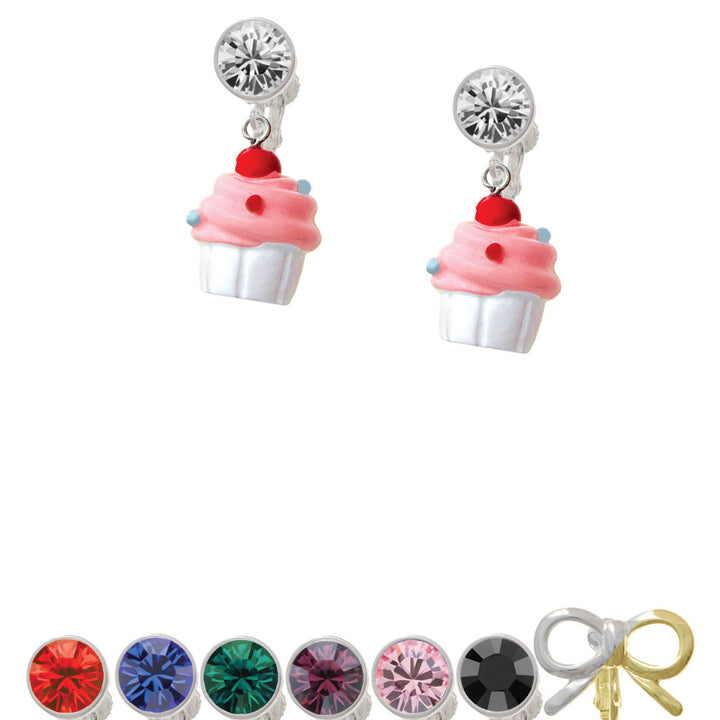 Resin White Cupcake with Pink Frosting Crystal Clip On Earrings Image 1